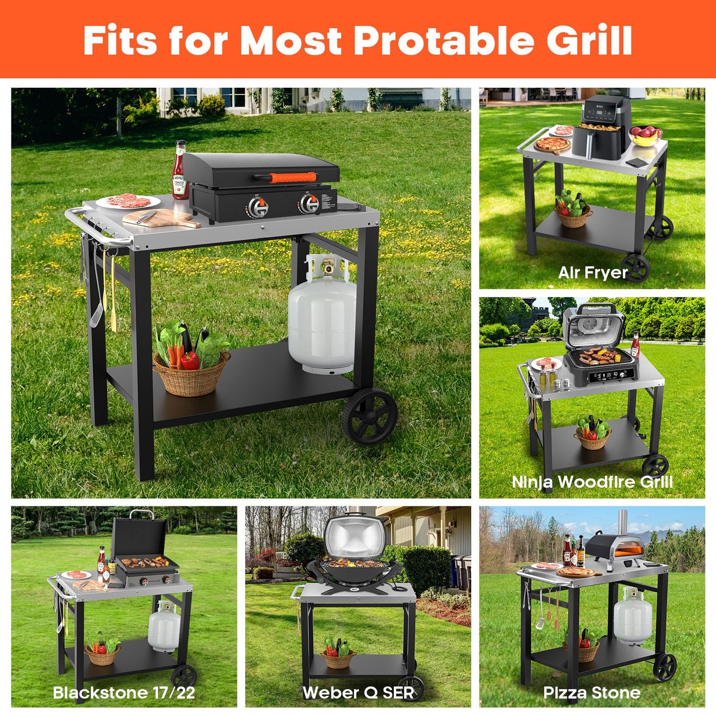 Double-Shelves Stainless Steel Flattop Grill Cart, Movable Kitchen Indoor & Outdoor Cooking Station, Fits Ninja/Ooni/Blackstone/Weber Q, Pizza Oven Food Prep Table for Party, 33.5"×21"