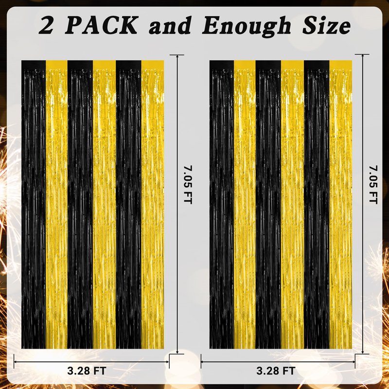 2 Pack Graduation Backdrop, 3.28 FT x 7.05 FT Black and Gold Foil Fringe Curtains, Metallic Foil Curtain Graduation Backdrop, Grad Party Supplies Black and Gold Party Decorations Class of 2026