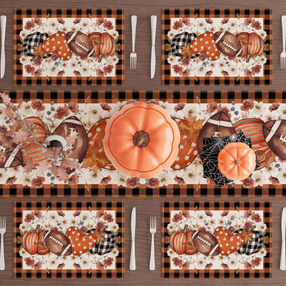 XCHI Fall Football Pumpkin Love Heart Flowers Plaid Placemats Set of 6 Table Mats for Party Home Kitchen Dining Table Decorations 12x18 Inch