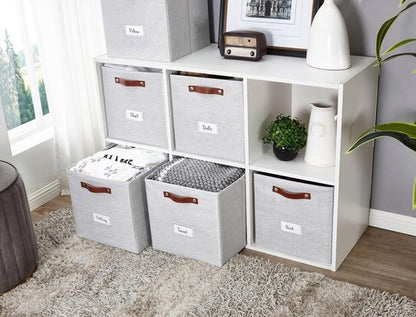 DECOMOMO Storage Baskets - 13x15x13 Cube Bins with Labels for Organized Shelves | 4-Pack, Light Grey