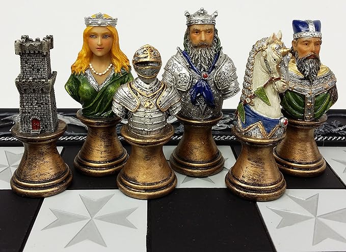 HPL Medieval Times Crusades Color Painted Busts Knights Chess Set with 17 Maltese Board