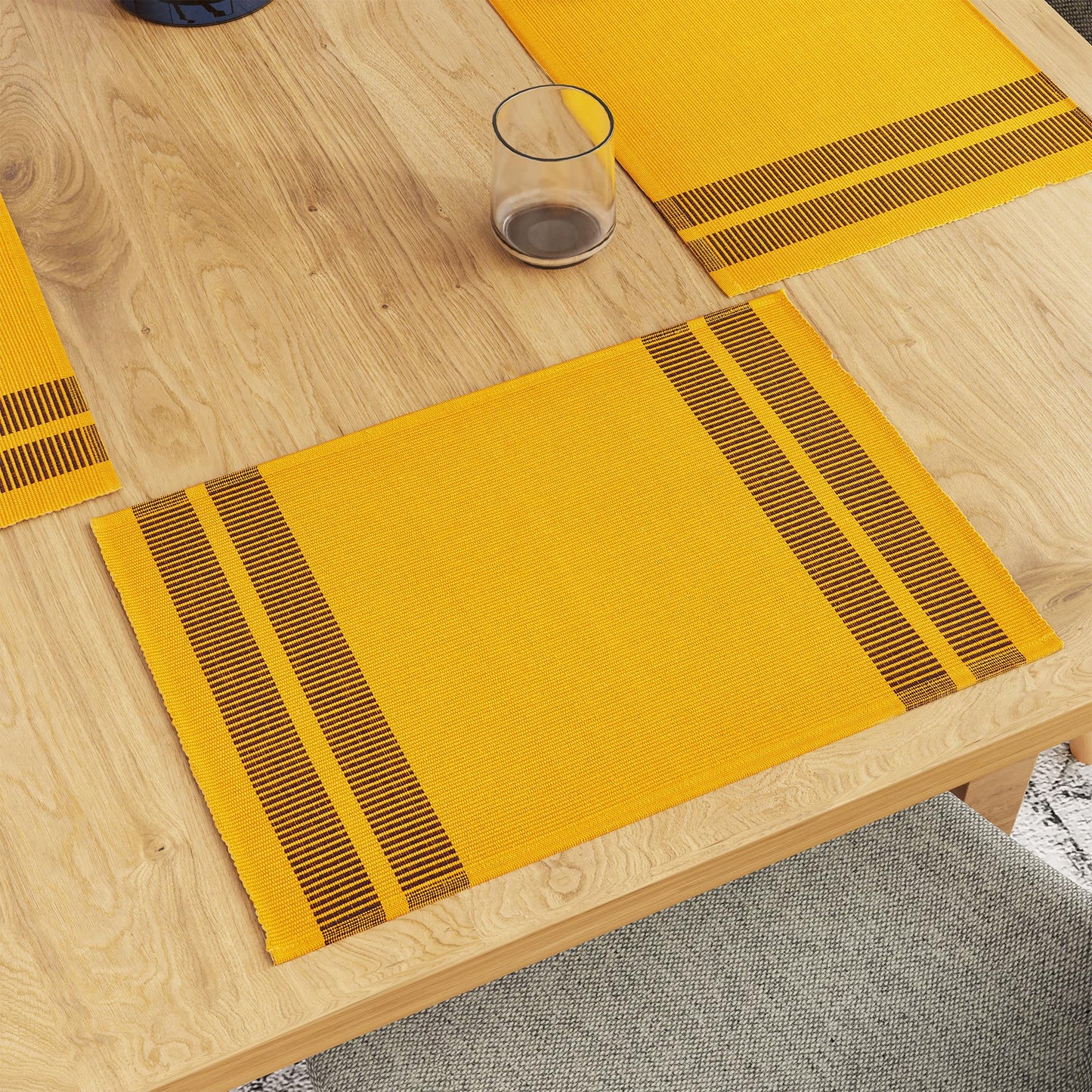 Encasa Ribbed Table Placemats (Set of 6) - Ladder Yellow | 46x32 cm | Over 20 Modern Colors & Woven Designs - Washable Cloth Place Mats