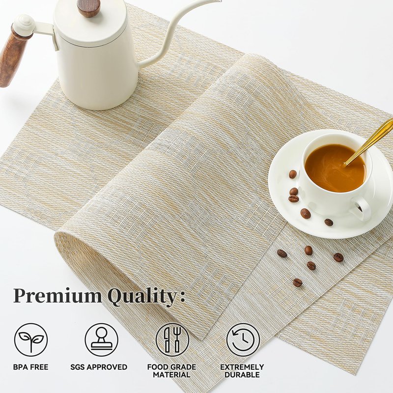Leetaltree Wheat Placemats Set of 6 - Heat Resistant Non-Slip Place mats for Dining Table, Washable Durable PVC Vinyl Woven Table Mats（Wheat, 6）