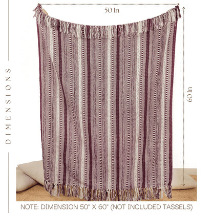 RAJRANG Cotton Braided Striped Throw Blanket with Boho Tassels - 50x60 inches Soft Farmhouse Woven Knitted Blankets - Pomegranate