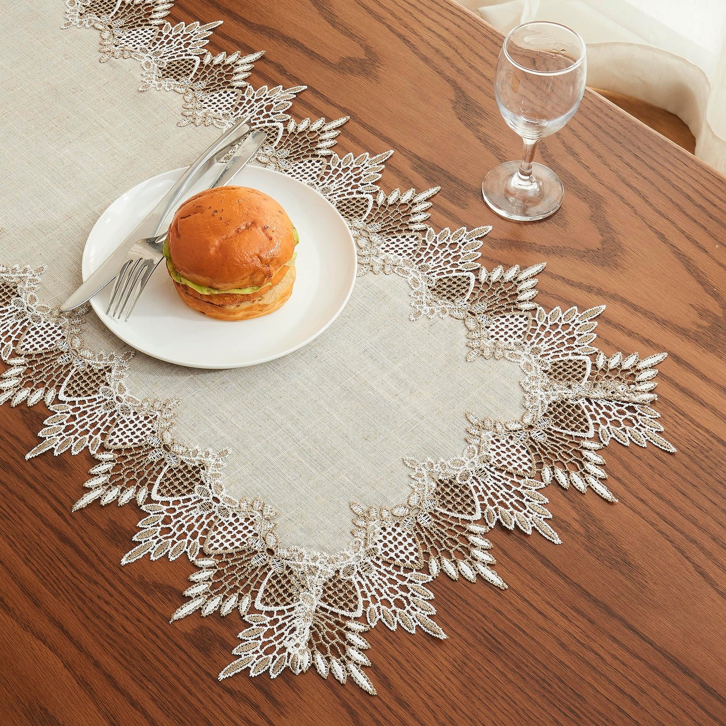 Raedan Natural Linen Table Runner 48 inches Neutral Earth Tones Beige Lace Coffee Table Runners Dresser Scarf for Spring Easter Summer Kitchen Wedding Party, Machine Washable (Natural, 16”x48”)