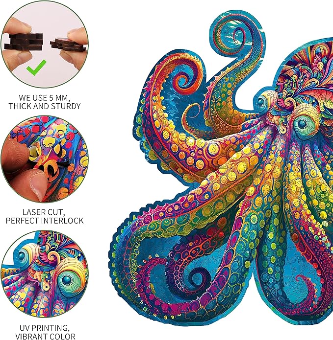 Mys Aurora Unique Wooden Jigsaw Puzzles - Agate Octopus 300 Pcs Medium Size 12.6'' x 12.2'' Luxurious Animal Shaped Wood Puzzle Beautiful Package Best Gift for Adults