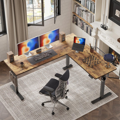 TIQLAB 75 x 61 inch L Shaped Standing Desk Adjustable Height, Electric Corner Standing Desk, Sit Stand Computer Table with Splice Board, Rustic Brown