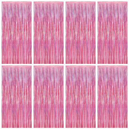 8 Pack Pink Backdrop, 3.28 FT x 7.05 FT Fringe Curtains, Metallic Glitter Pink Fringe Party Streamer Foil Curtains Tinsel Backdrop, Pink Decorations Bachelorette Valentines Day Party Supplies