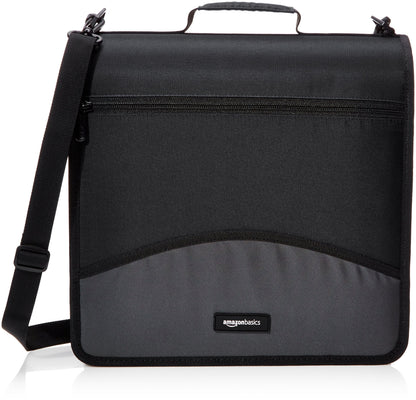 Amazon Basics Durable 3 Ring Binder with Zipper and Strap, Multiple Pockets, Sturdy Storage for School and Office, 3 inch, Black