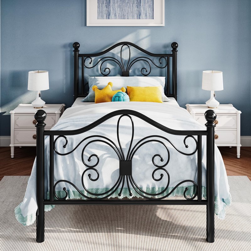 SHA CERLIN Twin Size Bed Frame for Kids,Metal Bed Frame with Butterfly Pattern Design Headboard and Footboard,No Box Spring Needed,Easy Assembly,Black