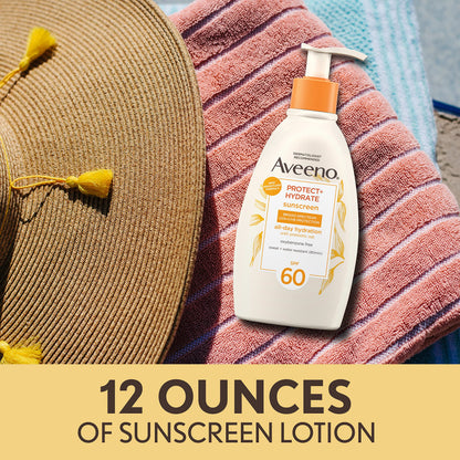 Aveeno Protect + Hydrate Sunscreen Moisturizing Body Lotion with Prebiotic Oat, Broad Spectrum SPF 60, Paraben, Oxybenzone & Oil Free, Weightless, Water & Sweat Resistant for Sensitive Skin, 12 Fl Oz