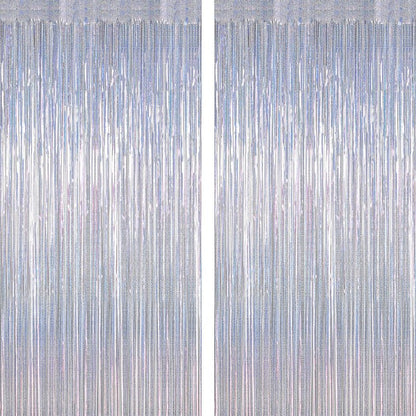 2 Pack Silver Metallic Tinsel Foil Curtains, 3.28 FT x 7.05 FT Glitter Silver Fringe Curtains, New Year Door Streamer Tinsel Backdrop Photo Booth for NYE Party Birthday Engagement Party Decorations