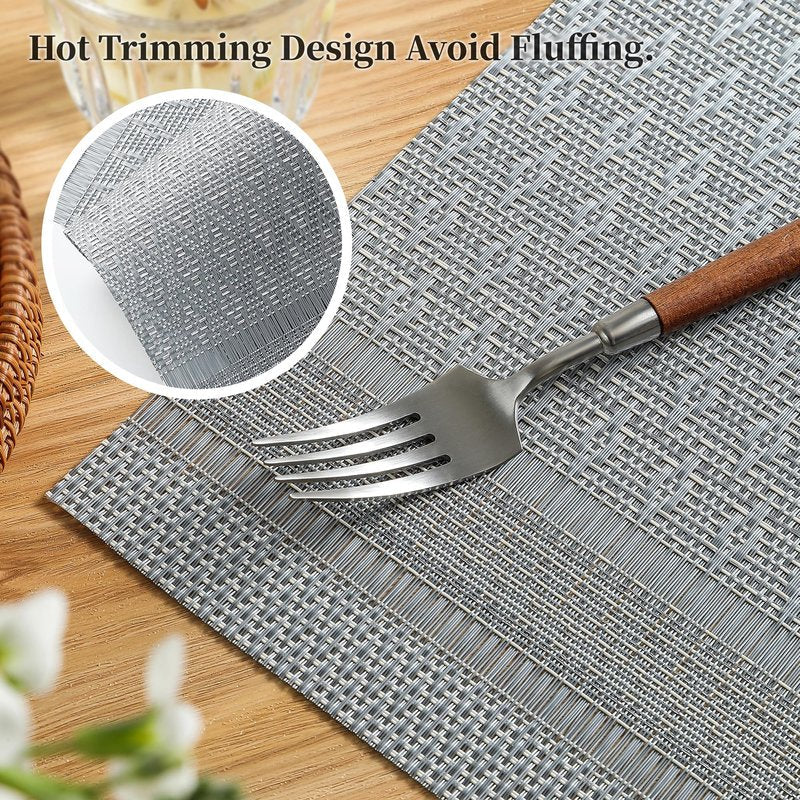 Leetaltree Lunar Grey Placemats Set of 6 - Heat Resistant Non-Slip Place mats for Dining Table, Washable Durable PVC Vinyl Woven Table Mats（Lunar Grey, 6）