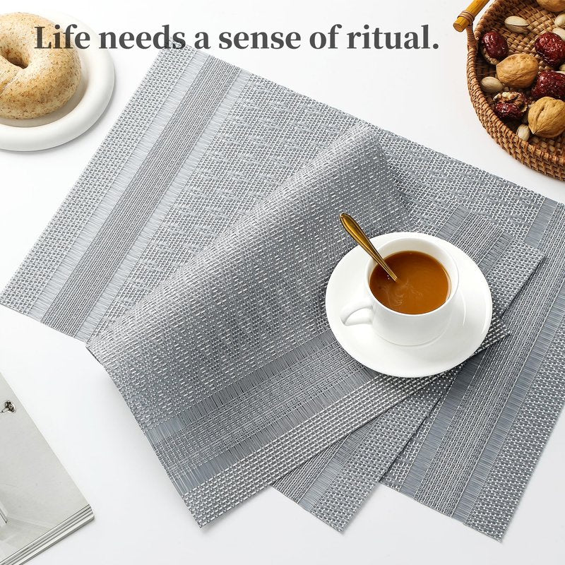 Leetaltree Lunar Grey Placemats Set of 6 - Heat Resistant Non-Slip Place mats for Dining Table, Washable Durable PVC Vinyl Woven Table Mats（Lunar Grey, 6）
