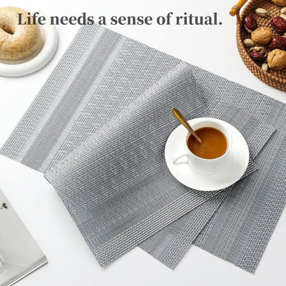 Leetaltree Lunar Grey Placemats Set of 6 - Heat Resistant Non-Slip Place mats for Dining Table, Washable Durable PVC Vinyl Woven Table Mats（Lunar Grey, 6）